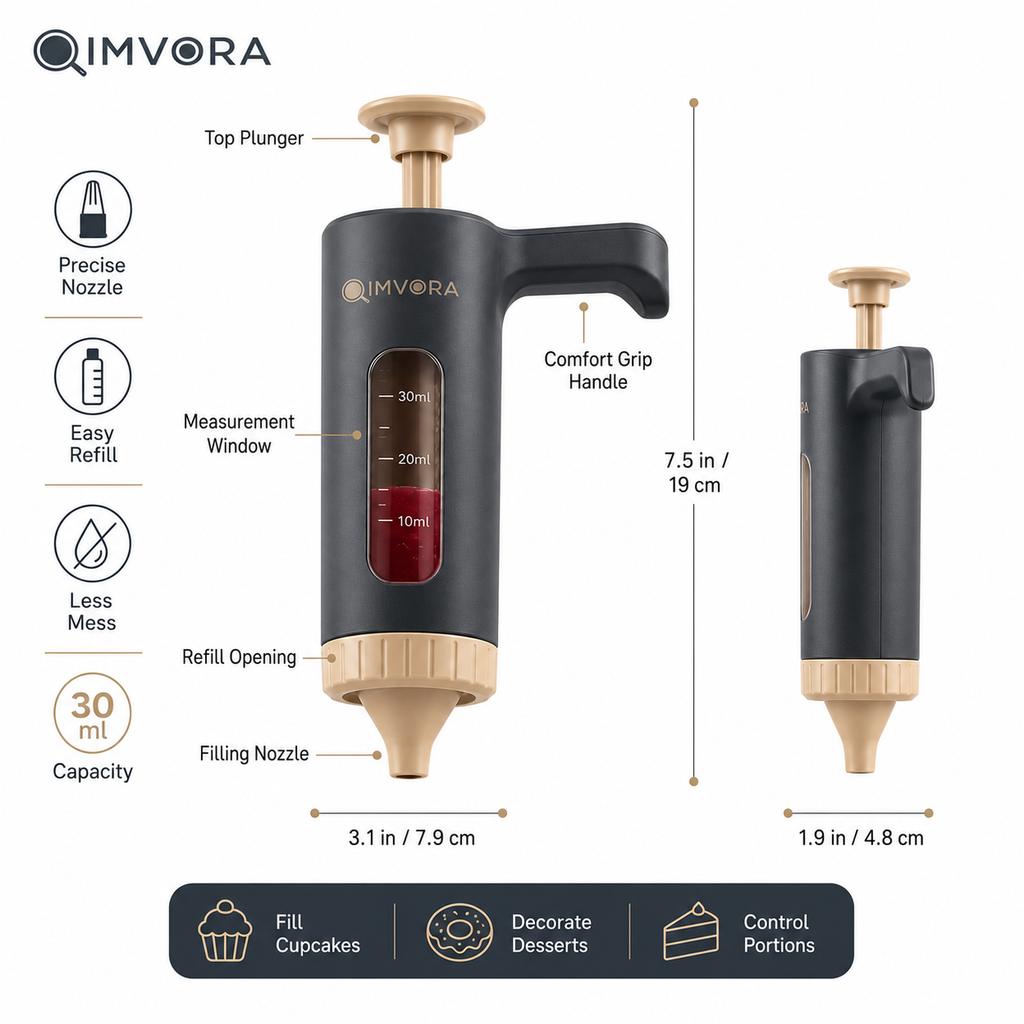 QIMVORA 2-in-1 Cupcake Filler, 30 ml Dessert Filling Syringe, Manual Pastry Filling Dispenser for Cupcakes, Donuts, Cream Puffs, Muffins, Jam, Custard, Jelly, Chocolate and Cream Filling