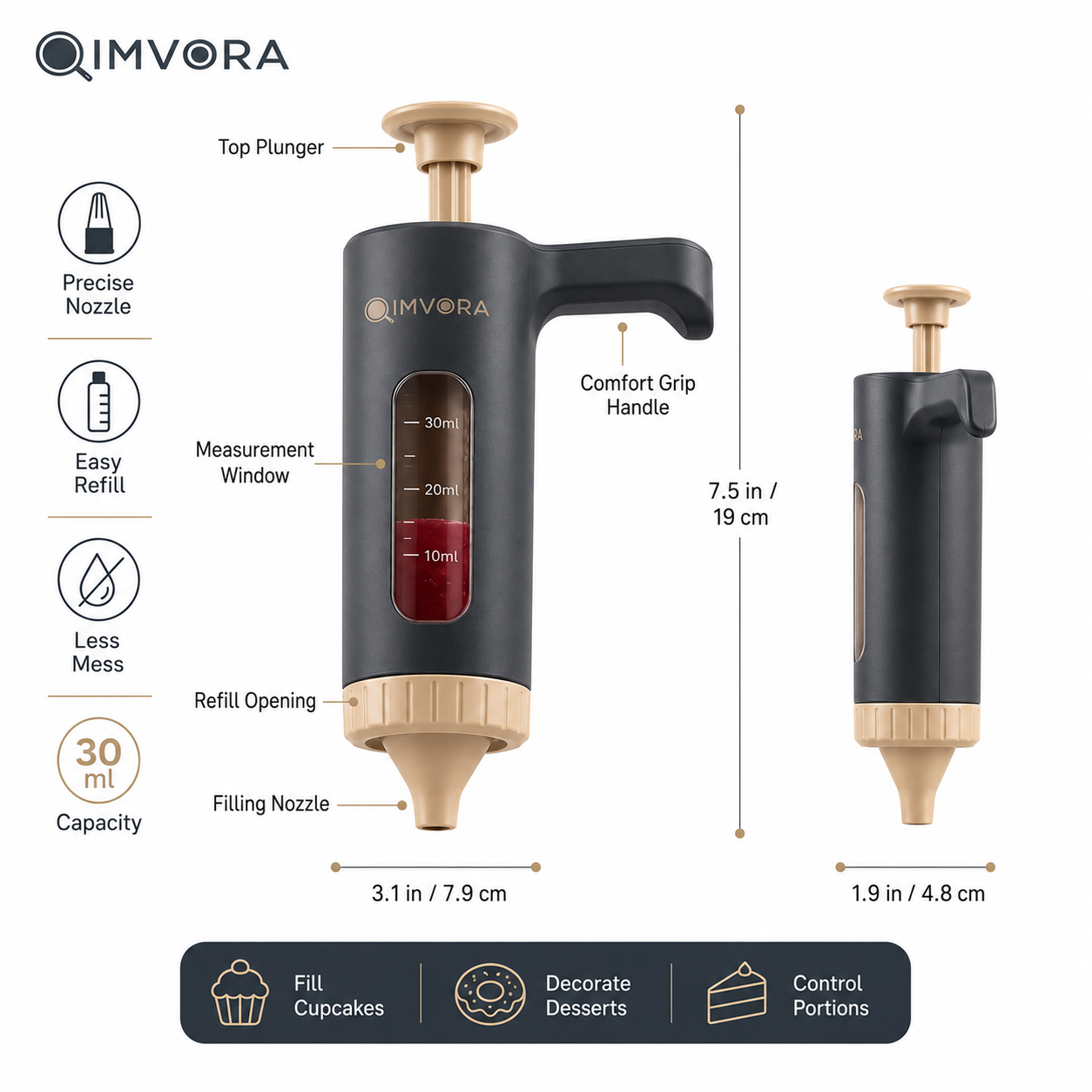 QIMVORA 2-in-1 Cupcake Filler, 30 ml Dessert Filling Syringe, Manual Pastry Filling Dispenser for Cupcakes, Donuts, Cream Puffs, Muffins, Jam, Custard, Jelly, Chocolate and Cream Filling