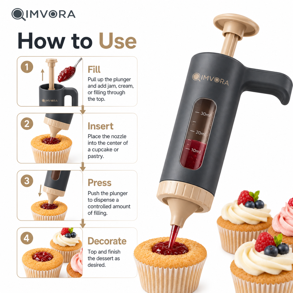 QIMVORA 2-in-1 Cupcake Filler, 30 ml Dessert Filling Syringe, Manual Pastry Filling Dispenser for Cupcakes, Donuts, Cream Puffs, Muffins, Jam, Custard, Jelly, Chocolate and Cream Filling
